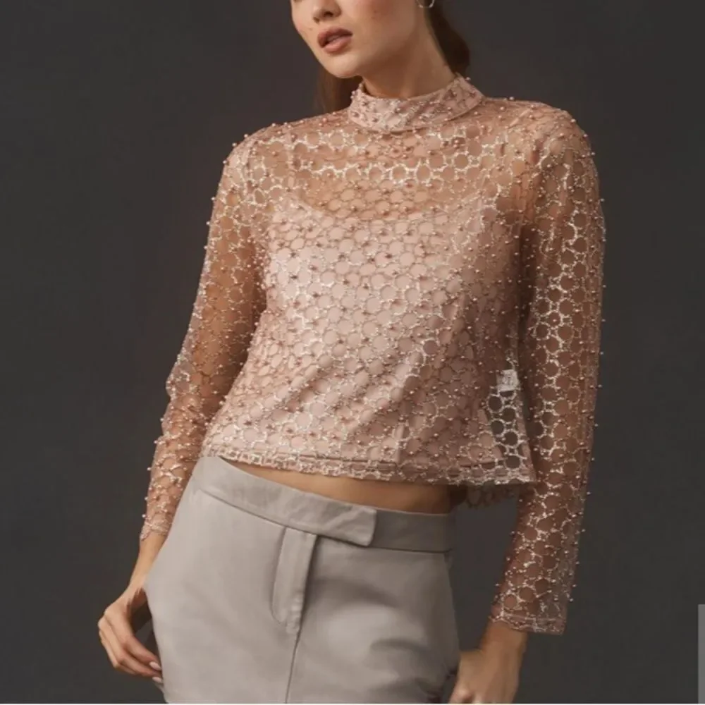By Anthropologie Blue Tassel Pearl-Embellished Long-Sleeve Top Medium